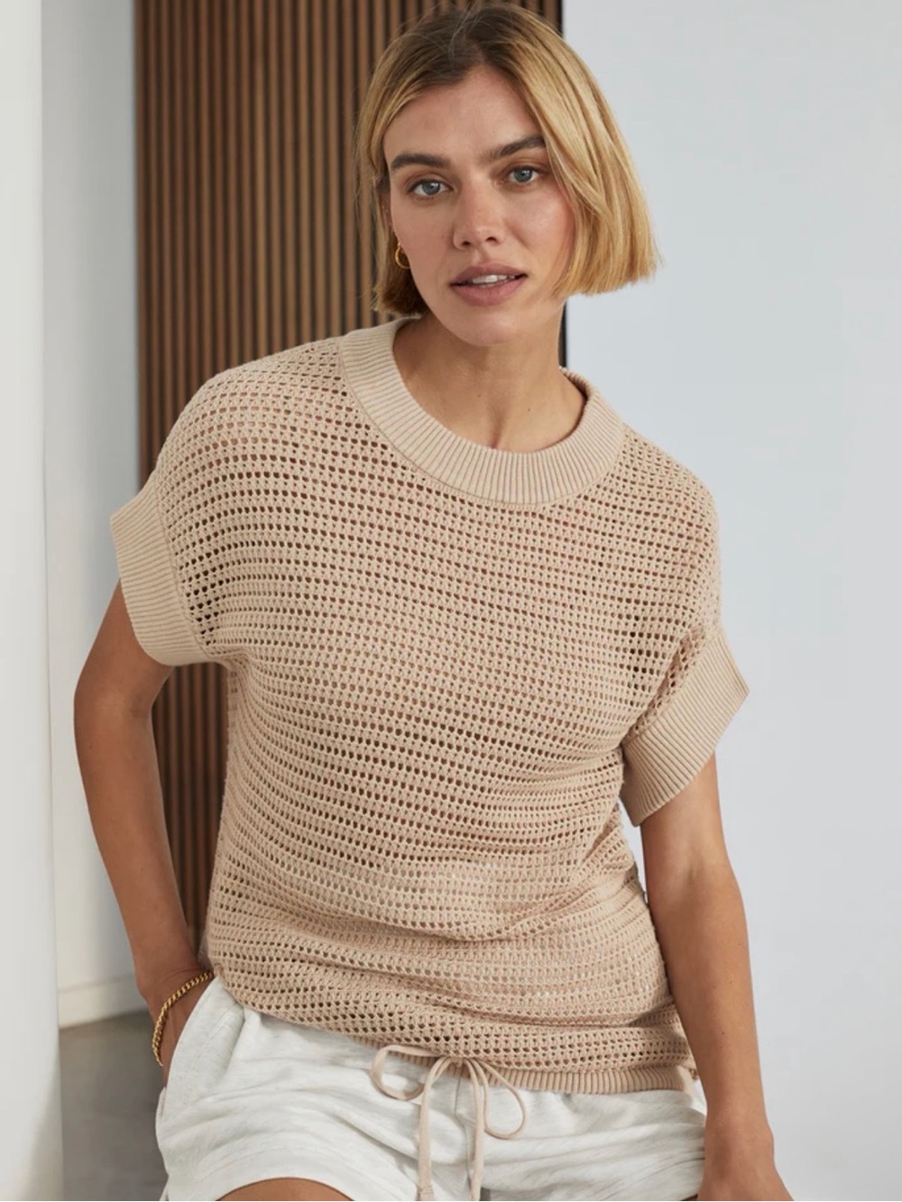 Varley Women’s Beige Corvallis Short Sleeve Knit Sweater Size XS